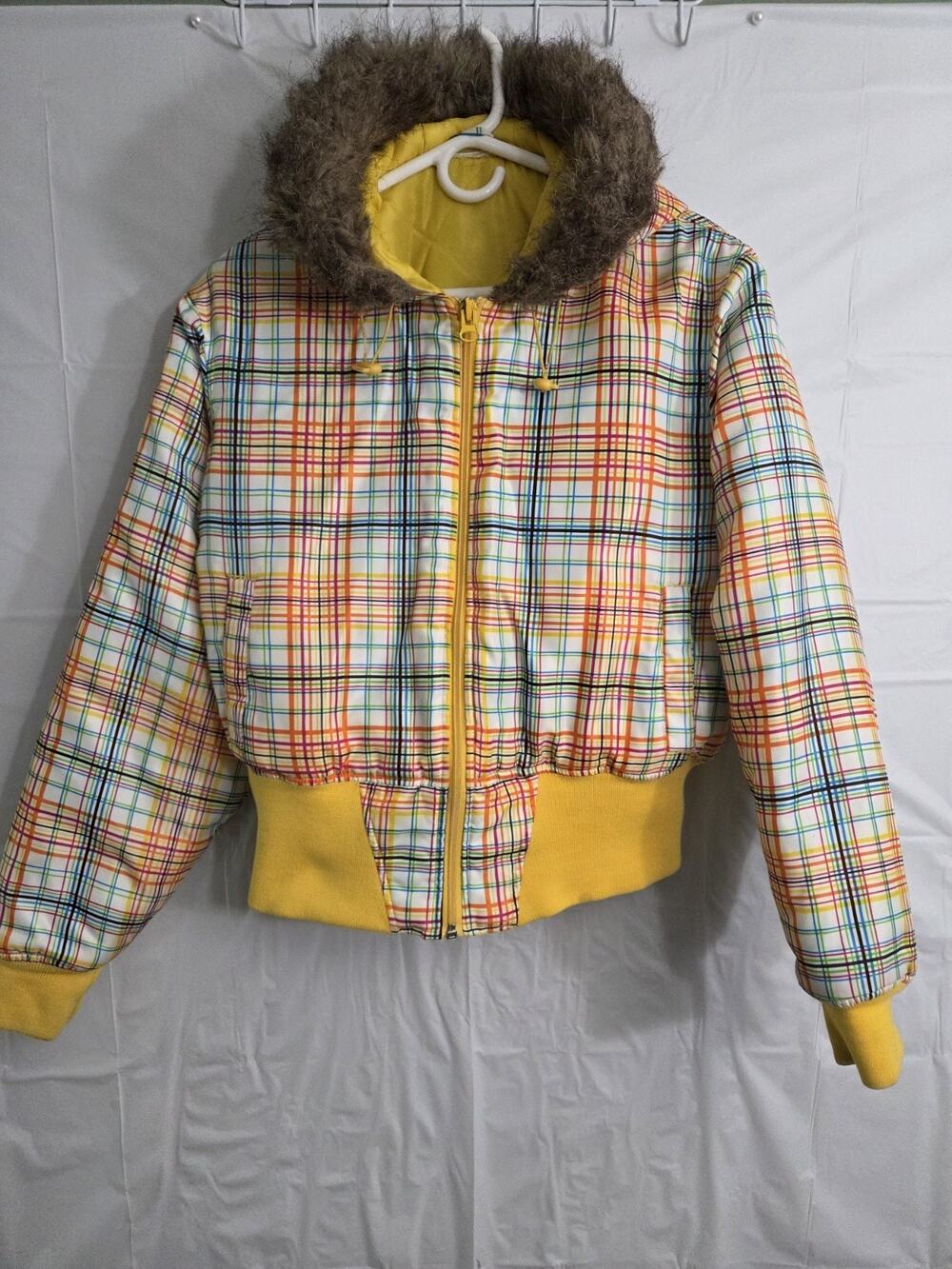 Vtg Lady Raw Blue RB Bright Yellow Plaid Jacket Insulated **See Description**